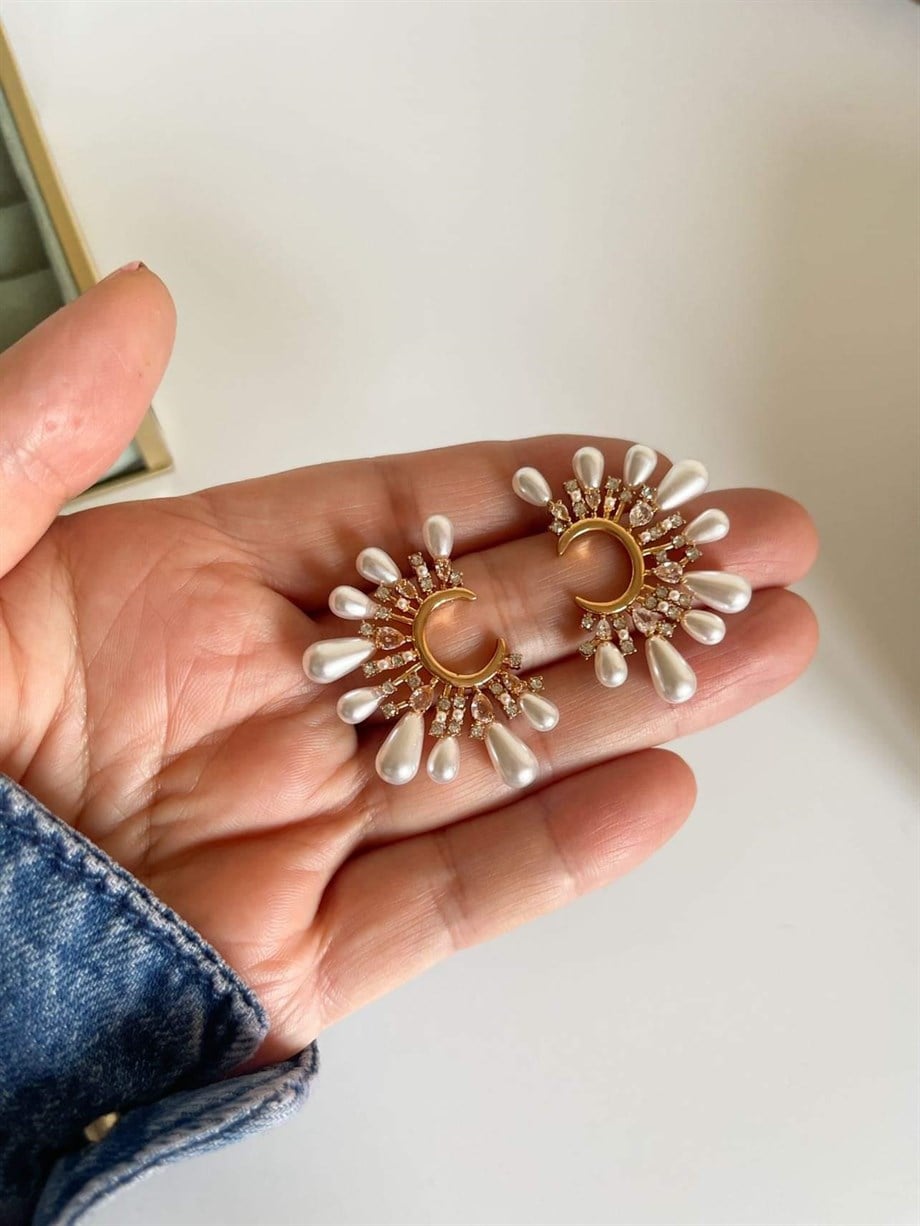 Özel Kaplama Damla İncili Zirkon Taşlı Küpe (4 Cm)