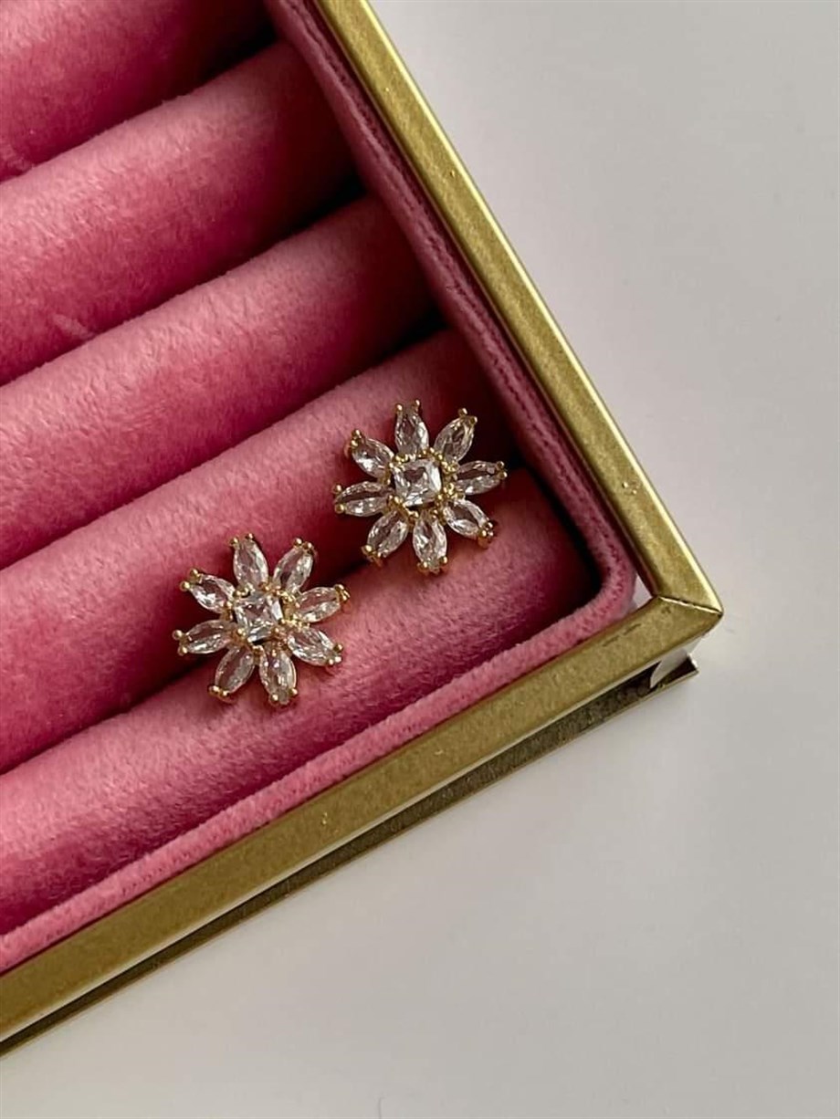 Özel Kaplama Gold Baget Taşlı Küpe (1.40 Cm)