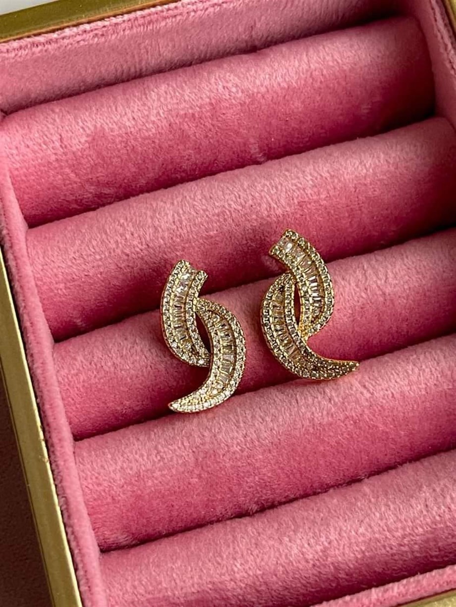 Özel Kaplama Gold Baget Taşlı Küpe (2 Cm)