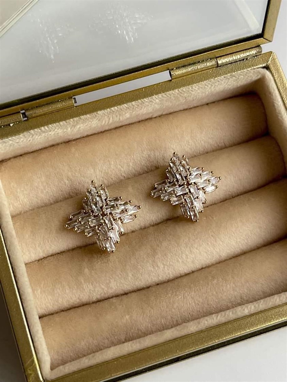 Özel Kaplama Gold Baget Taşlı Küpe (2 Cm)