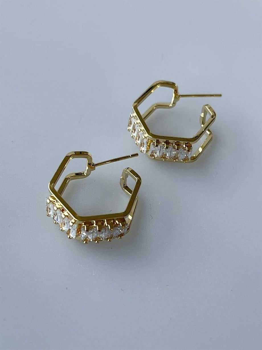 Özel Kaplama Gold Baget Taşlı Küpe (2 Cm)