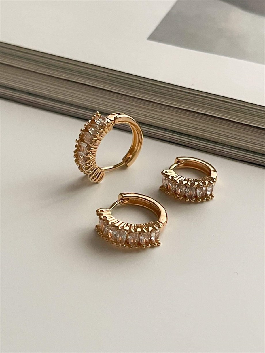 Özel Kaplama Gold Baget Taşlı Üçlü Set Halka Küpe (1.80 Cm)