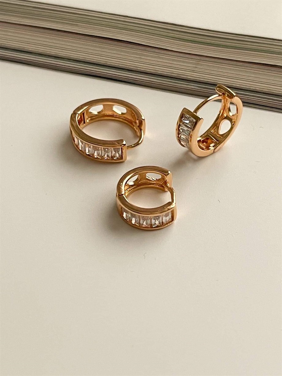 Özel Kaplama Gold Baget Taşlı Üçlü Set Halka Küpe (1.70 Cm)