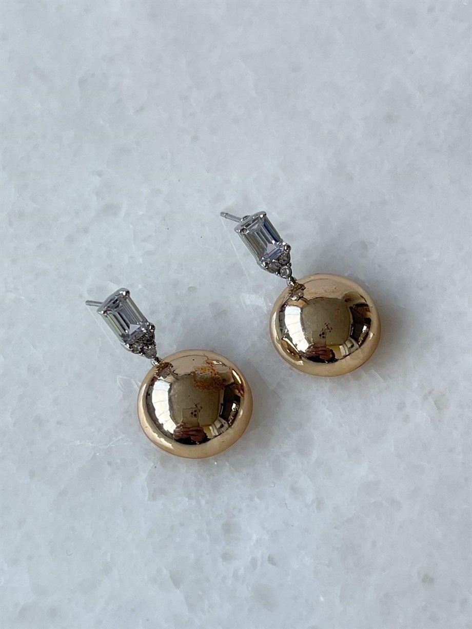Özel Kaplama Gold Baget Topçuk Kombinli Küpe (2.5 Cm)