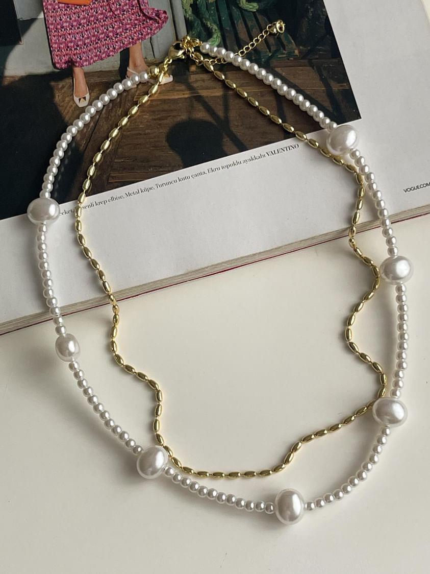 Özel Kaplama Gold Boncuk İnci Kombinle Kolye (48 Cm)