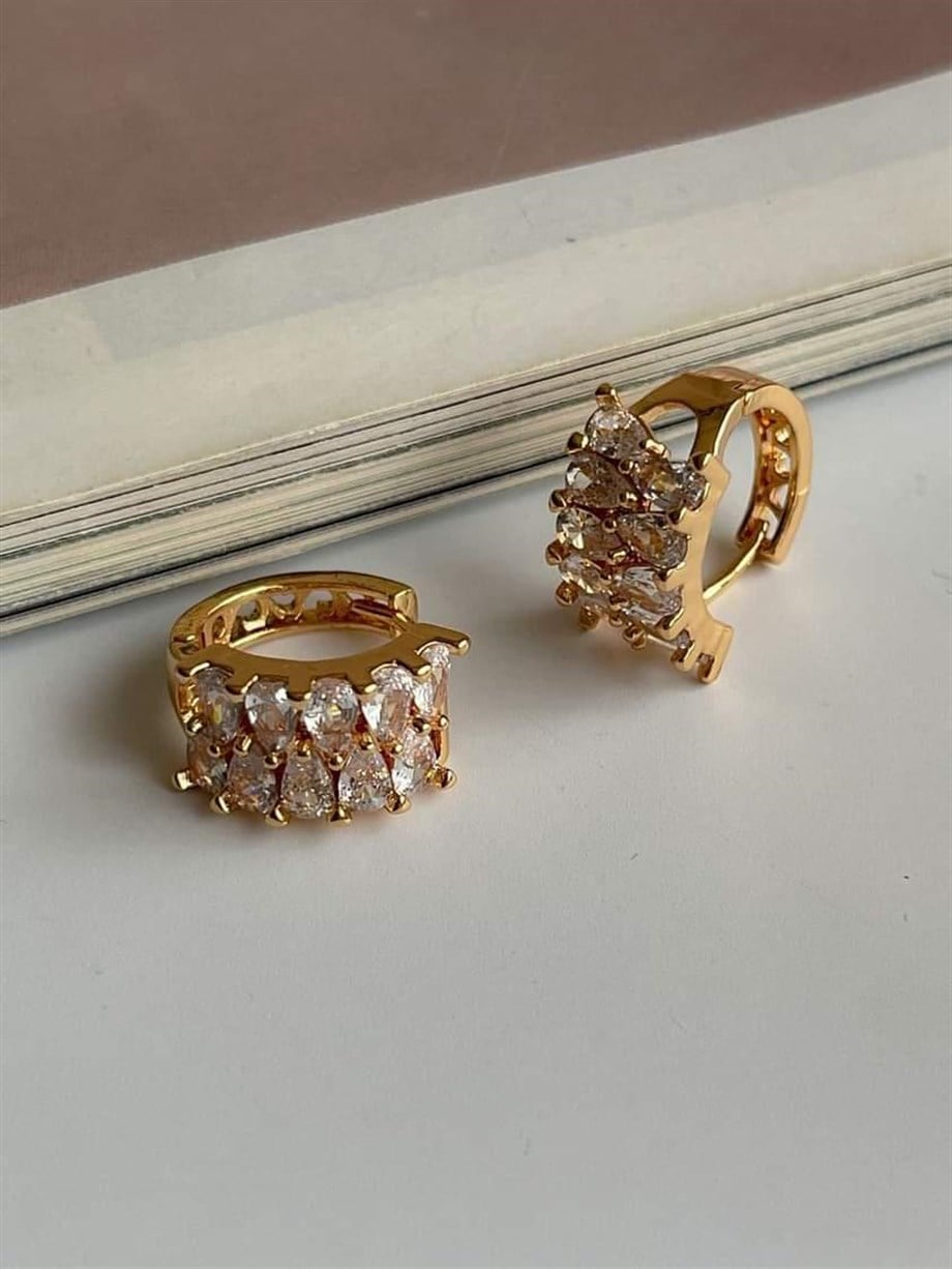 Özel Kaplama Gold Renk Baget Taşlı Halka Küpe (1.60 Cm)