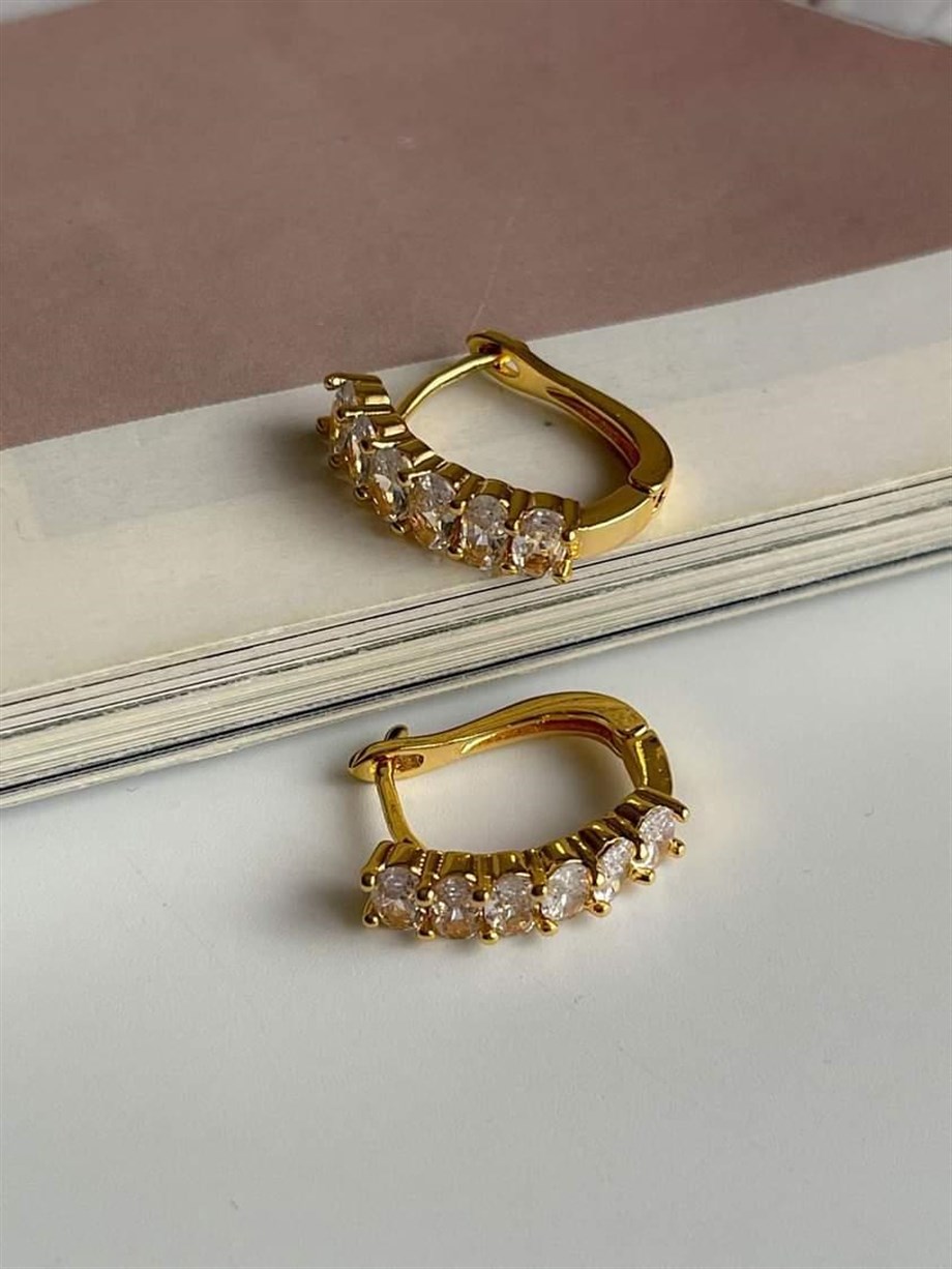 Özel Kaplama Gold Renk Baget Taşlı Halka Küpe (2 Cm)