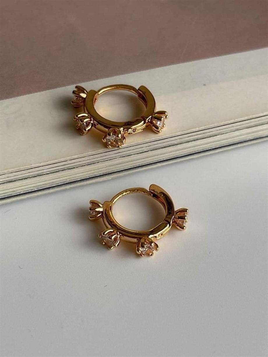Özel Kaplama Gold Renk Baget Taşlı Halka Küpe (1.40 Cm)