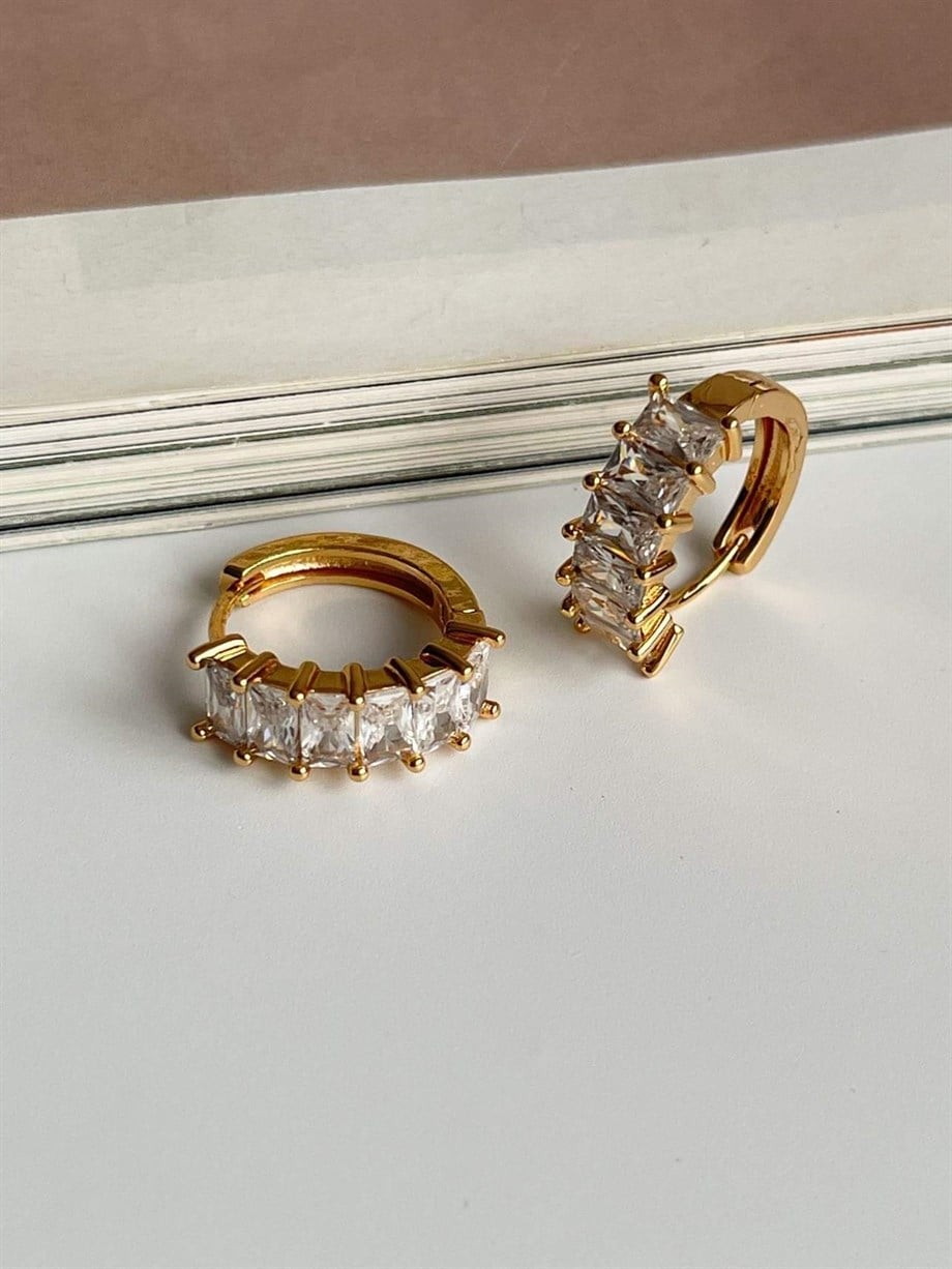 Özel Kaplama Gold Renk Baget Taşlı Halka Küpe (1.70 Cm)