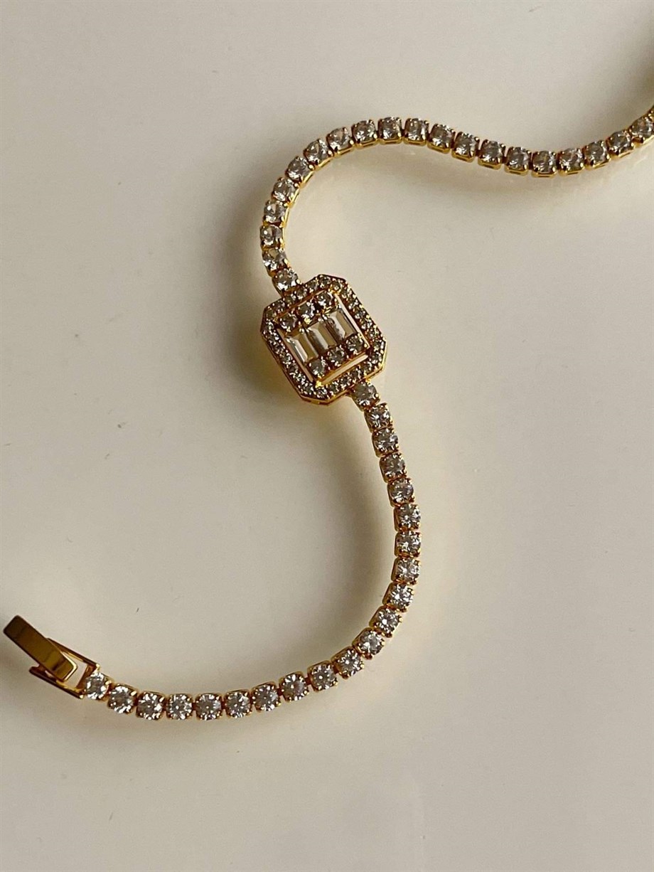 Özel Kaplama Gold Renk Baget Taşlı Lena Bileklik (21 Cm)