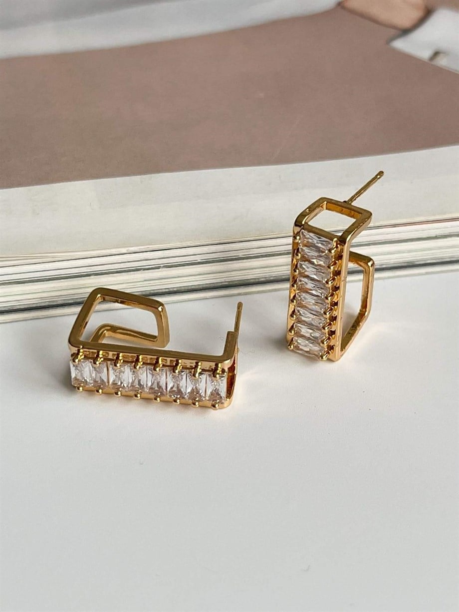 Özel Kaplama Gold Renk Baget Taşlı Valeria Halka Küpe (2.20 Cm)