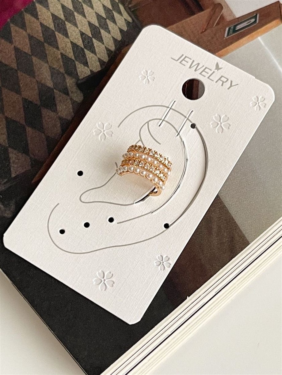 Özel Kaplama Gold Renk İncili Zirkon Taşlı Ear Cuff Küpe 