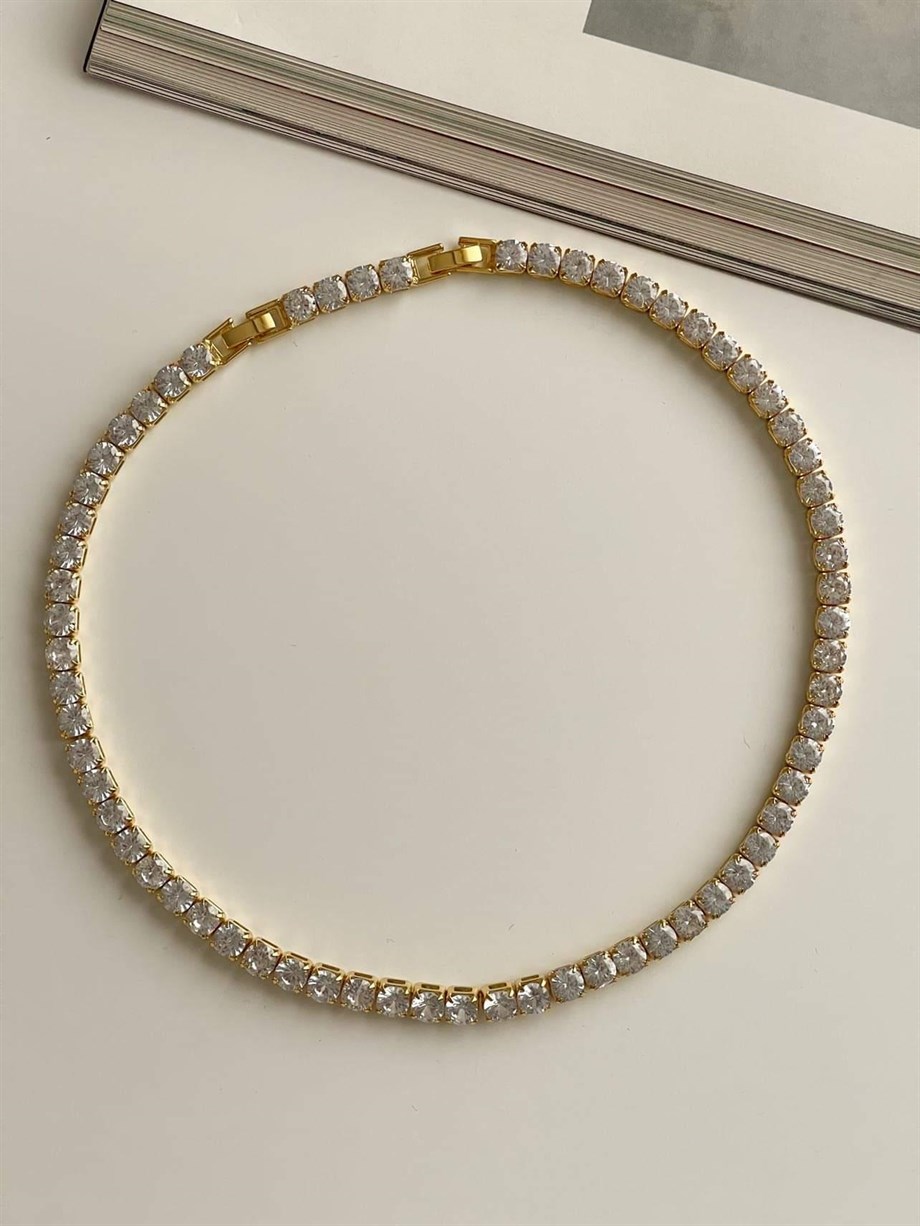 Özel Kaplama Gold Renk İri Taşlı Su Yolu Kolye (45 Cm)
