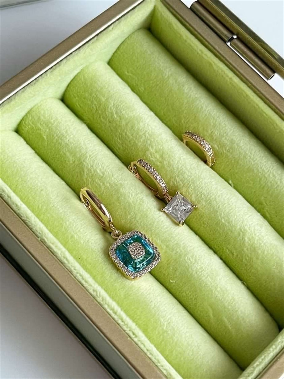 Özel Kaplama Gold Renk Mavi Baget Taşlı Üçlü Küpe Seti 