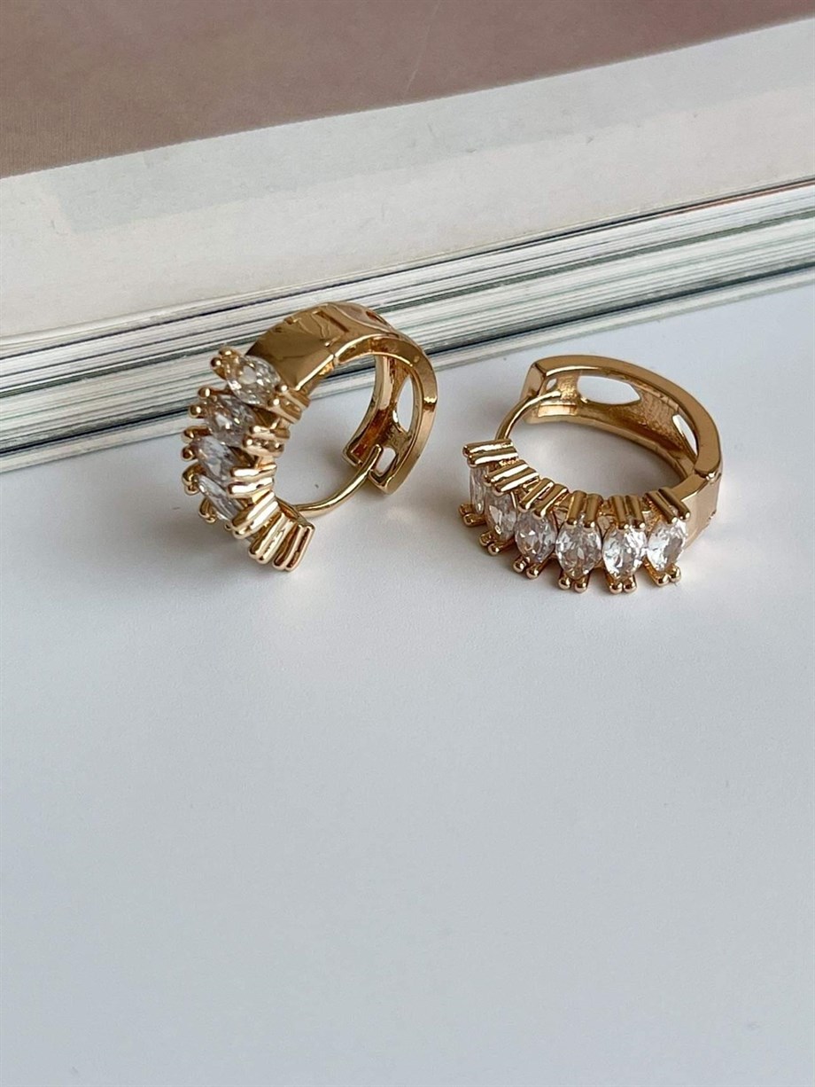 Özel Kaplama Gold Renk Mekik Taşlı Halka Küpe (1.5 Cm)