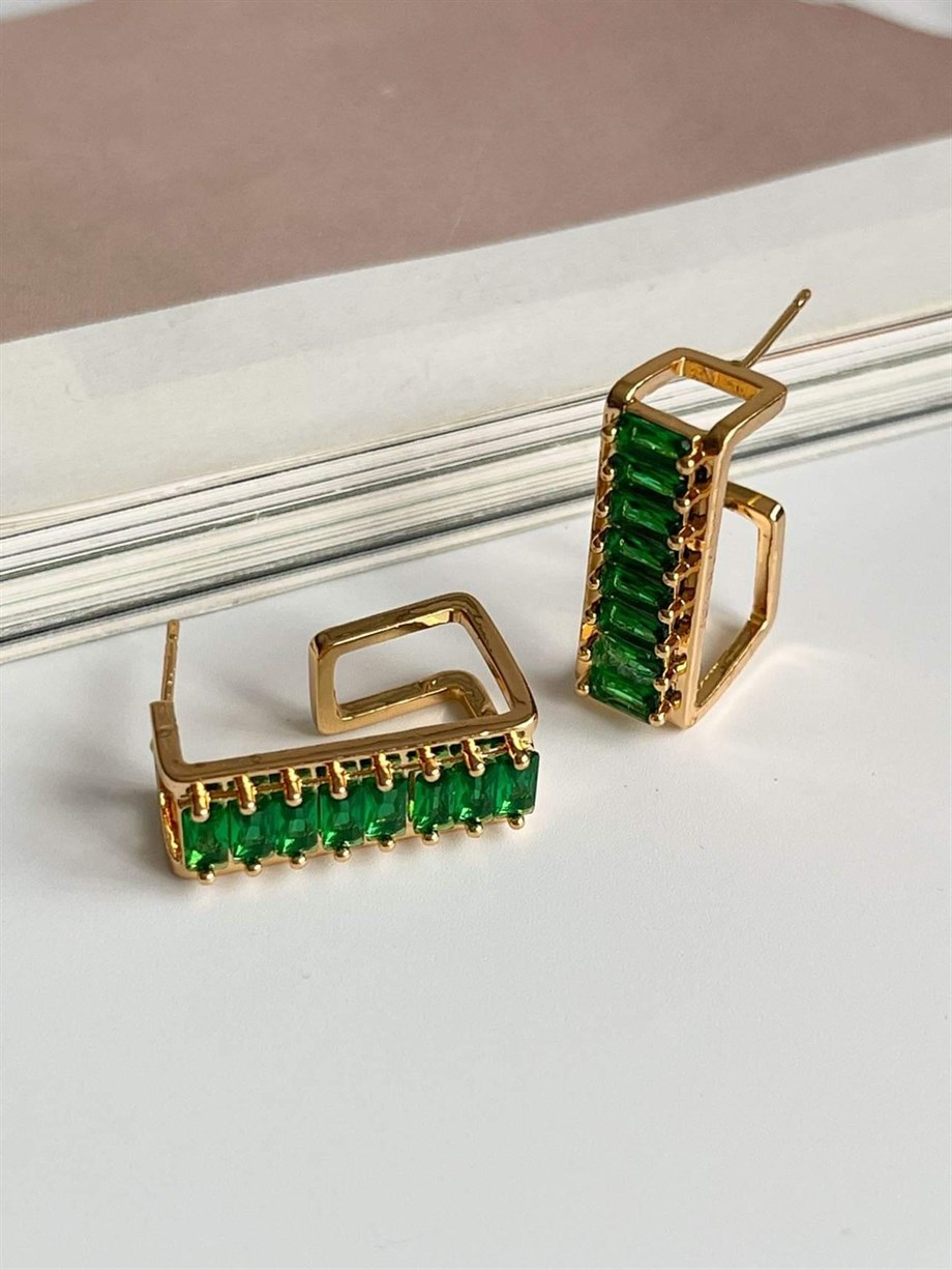 Özel Kaplama Gold Renk Yeşil Baget Taşlı Valeria Halka Küpe (2.20 Cm)