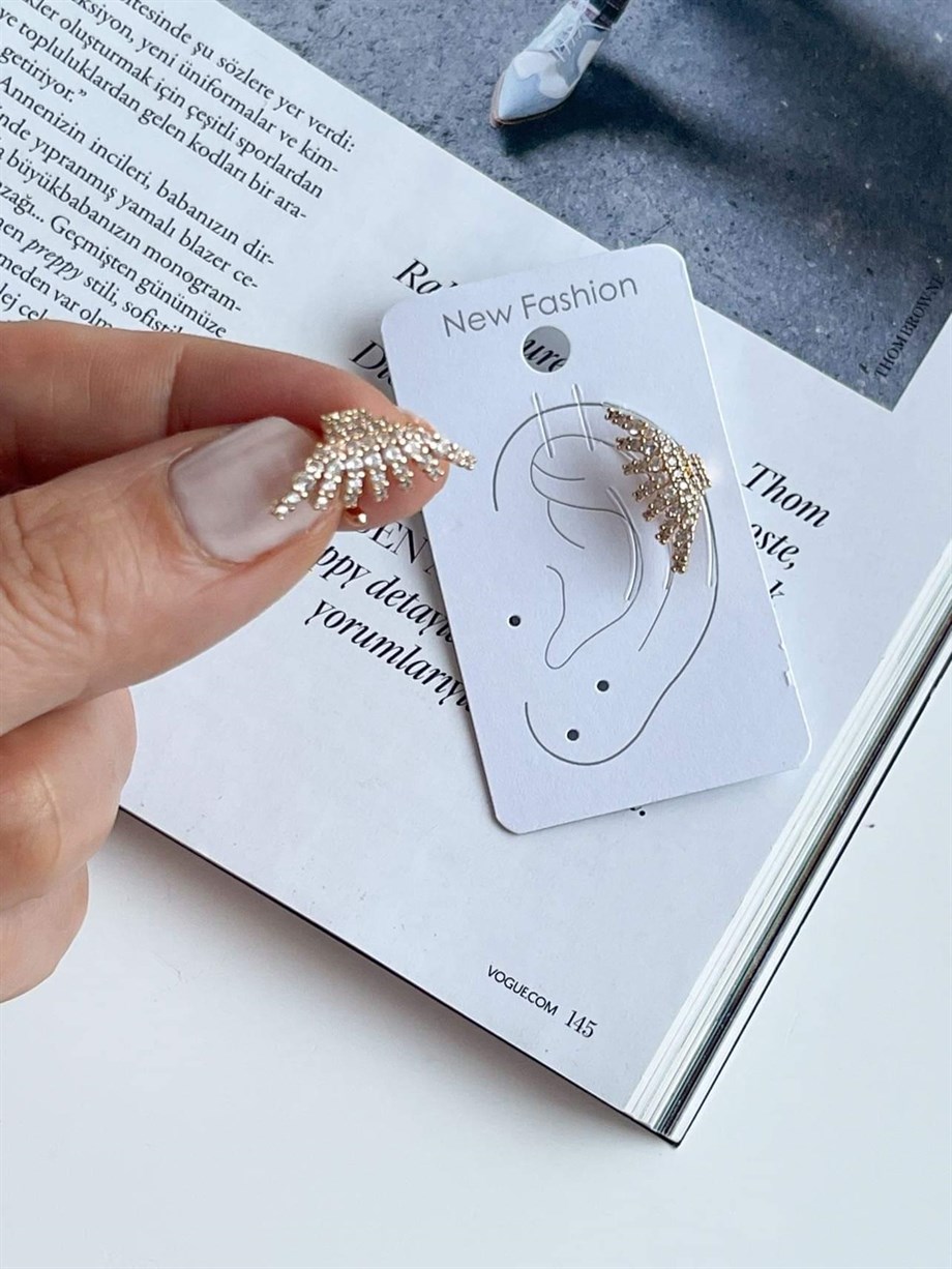 Özel Kaplama Gold Renk Zirkon Taşlı Ear Cuff Tekli Küpe (2.20 Cm)