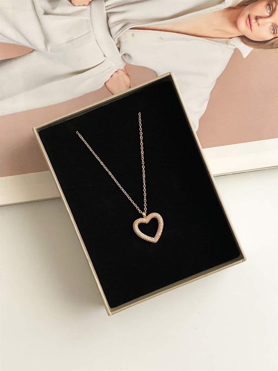 Özel Kaplama Gold Renk Zirkon Taşlı Kalp Kolye (50 Cm)