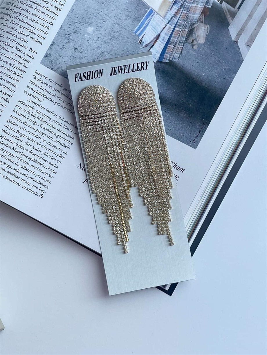 Özel Kaplama Gold Renk Zirkon Taşlı Premium Uzun Küpe (12 Cm)