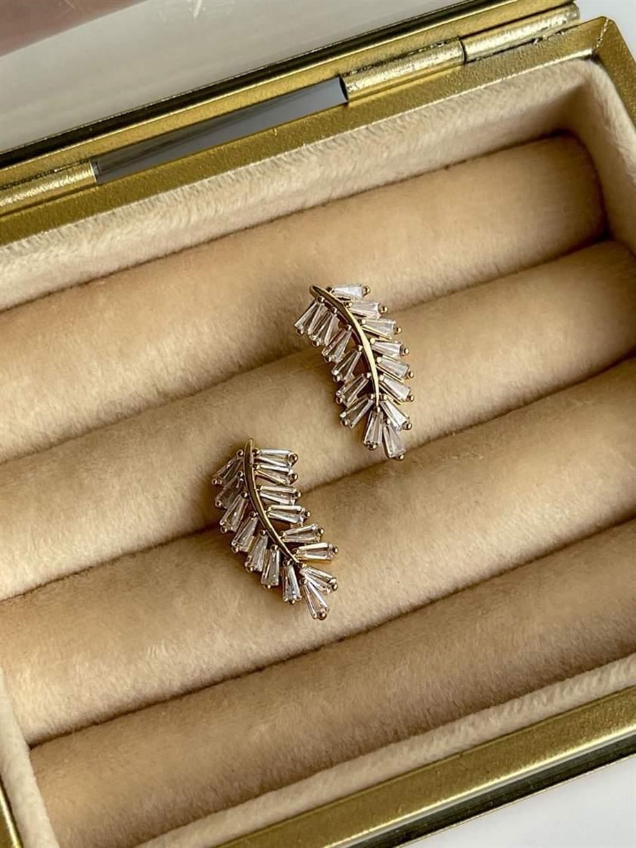 Özel Kaplama Gold Yaprak Baget Taşlı Küpe (2 Cm)