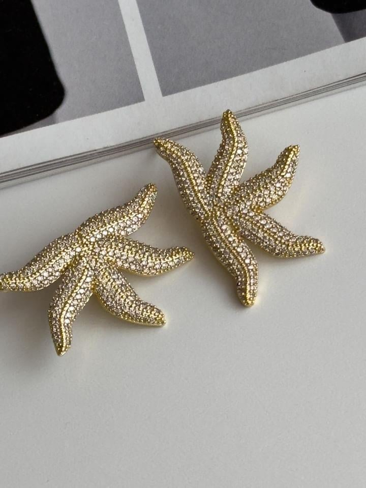 Özel Kaplama Gold Zirkon Taşlı Deniz Yıldızlı Vip Küpe (3 Cm)