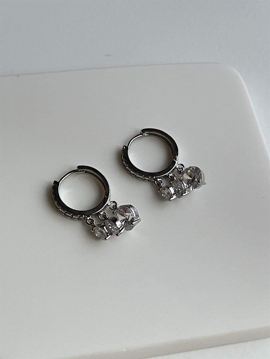 Özel Kaplama Gümüş Renk Baget Taşlı Shakira Küpe (2.5 Cm)
