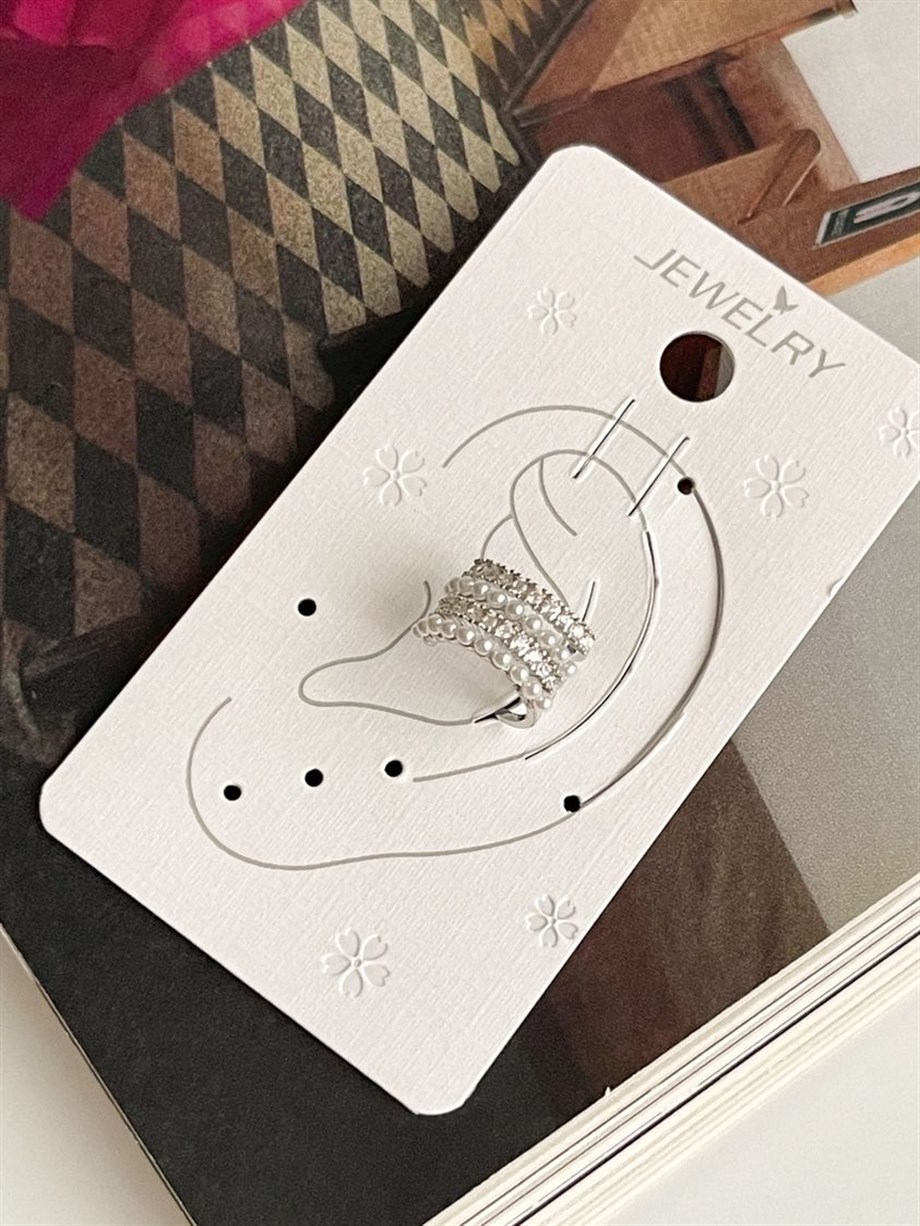 Özel Kaplama Gümüş Renk İncili Zirkon Taşlı Ear Cuff Küpe 