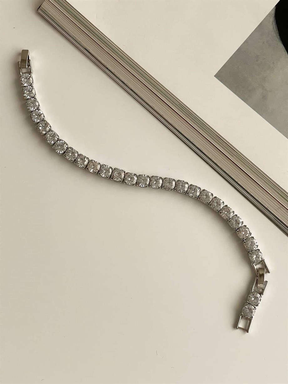 Özel Kaplama Gümüş Renk İri Taşlı Su Yolu Bileklik (20 Cm)