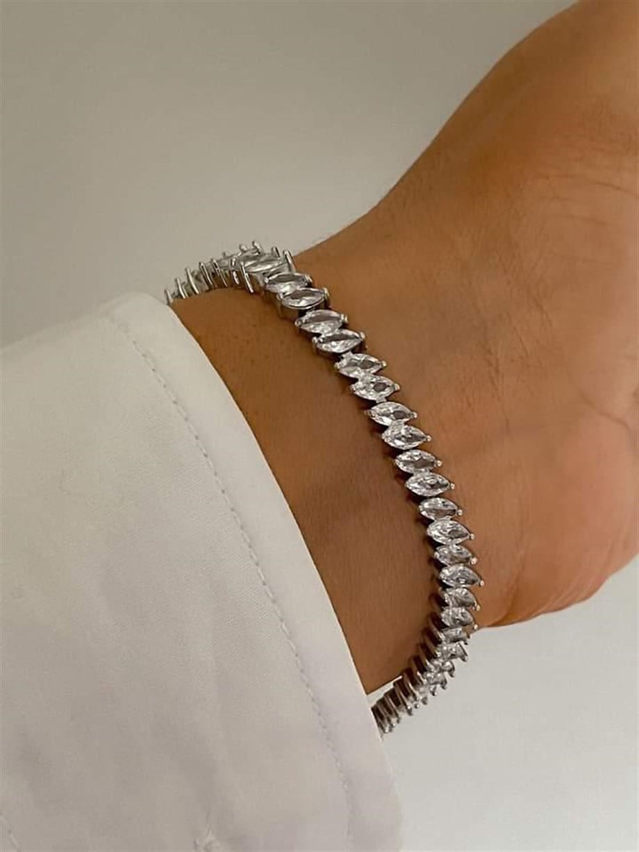 Özel Kaplama Gümüş Renk Pırlanta Montür Bileklik (20 Cm)