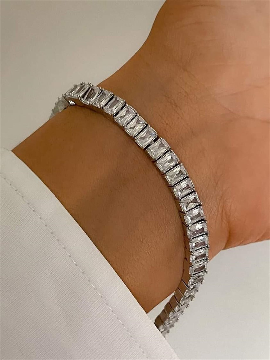 Özel Kaplama Gümüş Renk Pırlanta Montür Bileklik (19 Cm)