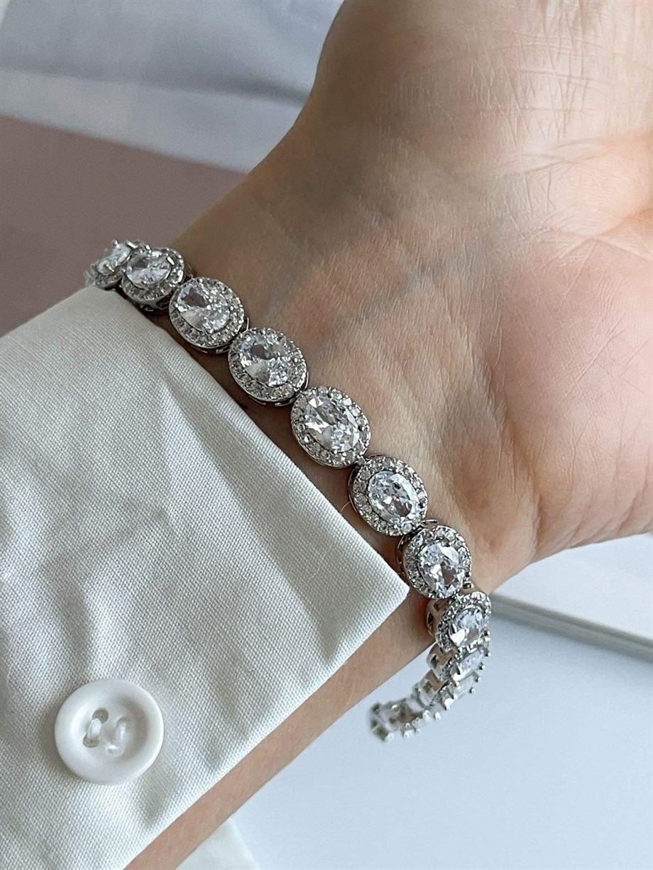 Özel Kaplama Gümüş Renk Renkli Pırlanta Montür Taşlı Bileklik (19 Cm)