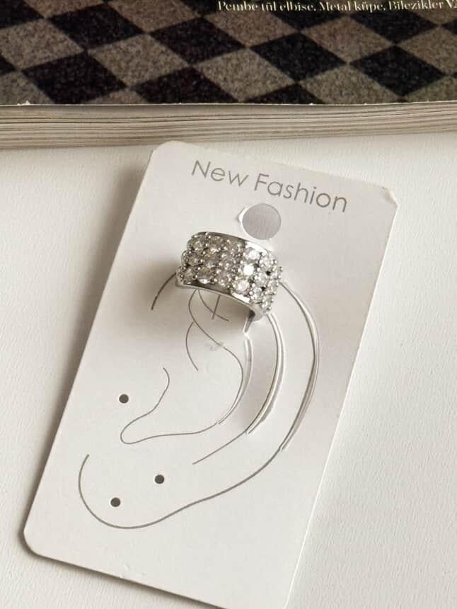 Özel Kaplama Gümüş Renk Zirkon Taşlı Tek Adet Ear Cuff Küpe 