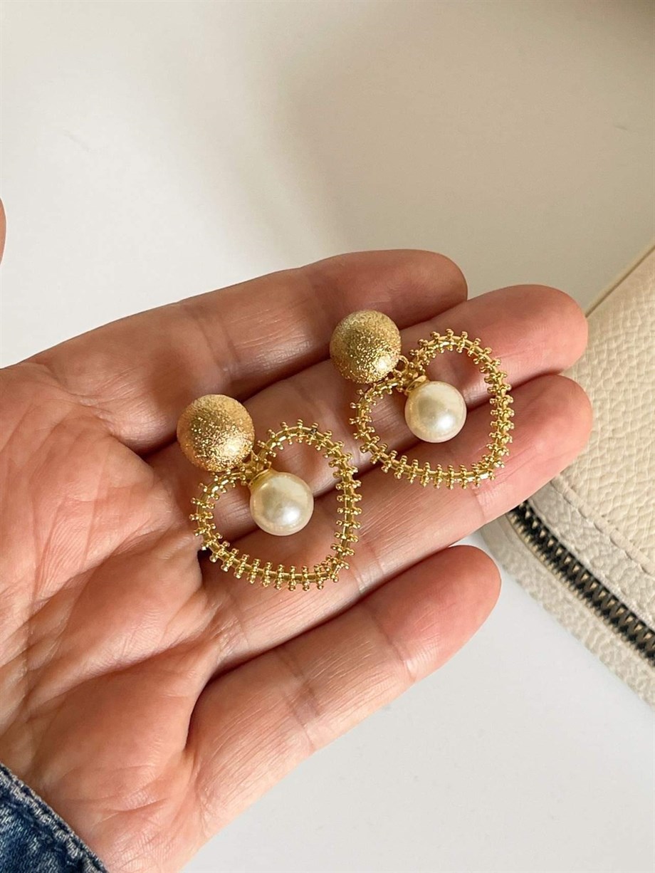 Özel Kaplama İncili Kalp Küpe (3 Cm)