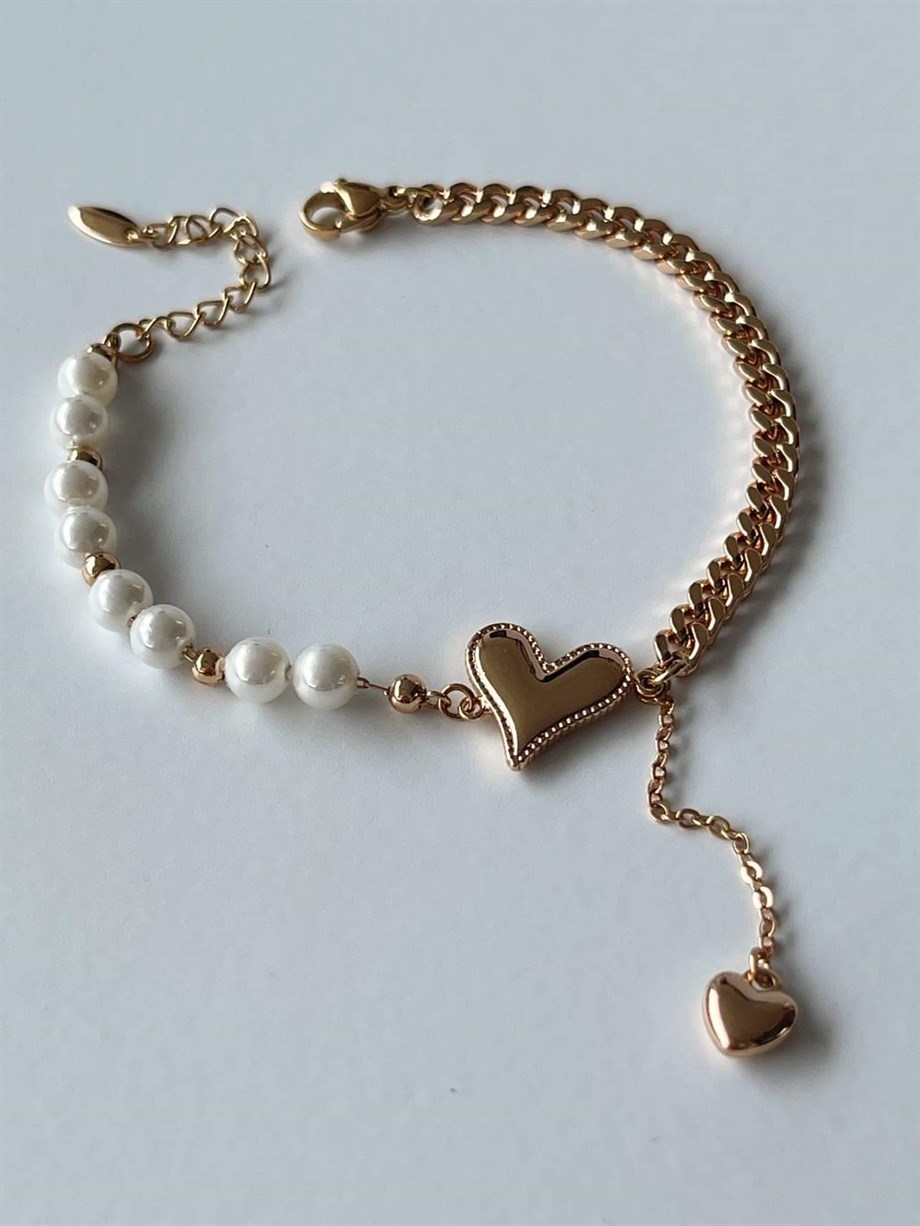 Özel Kaplama İncili Kalpli Tasarım Bileklik (21 Cm)