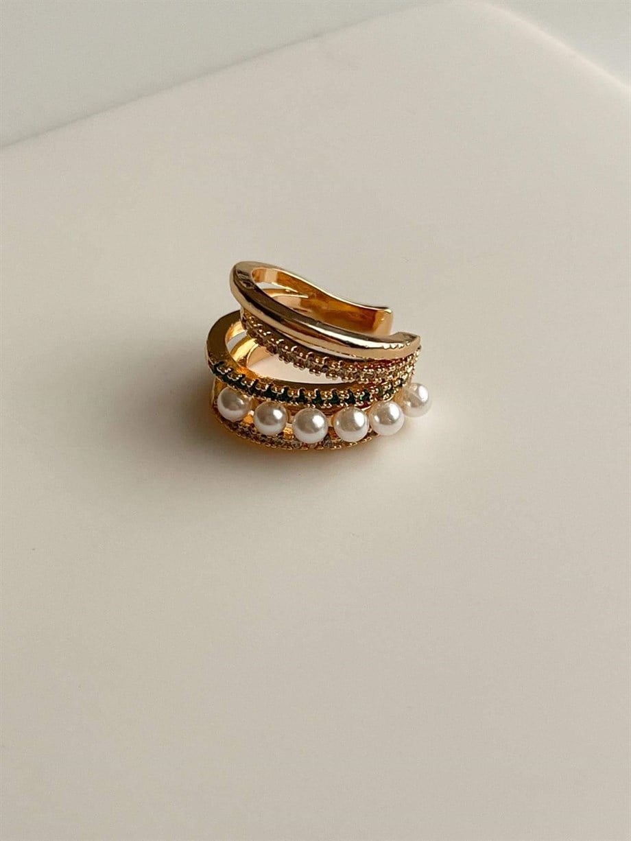Özel Kaplama İncili Yeşil Zirkon Taşlı Tekli Ear Cuff Küpe (1.5 Cm)