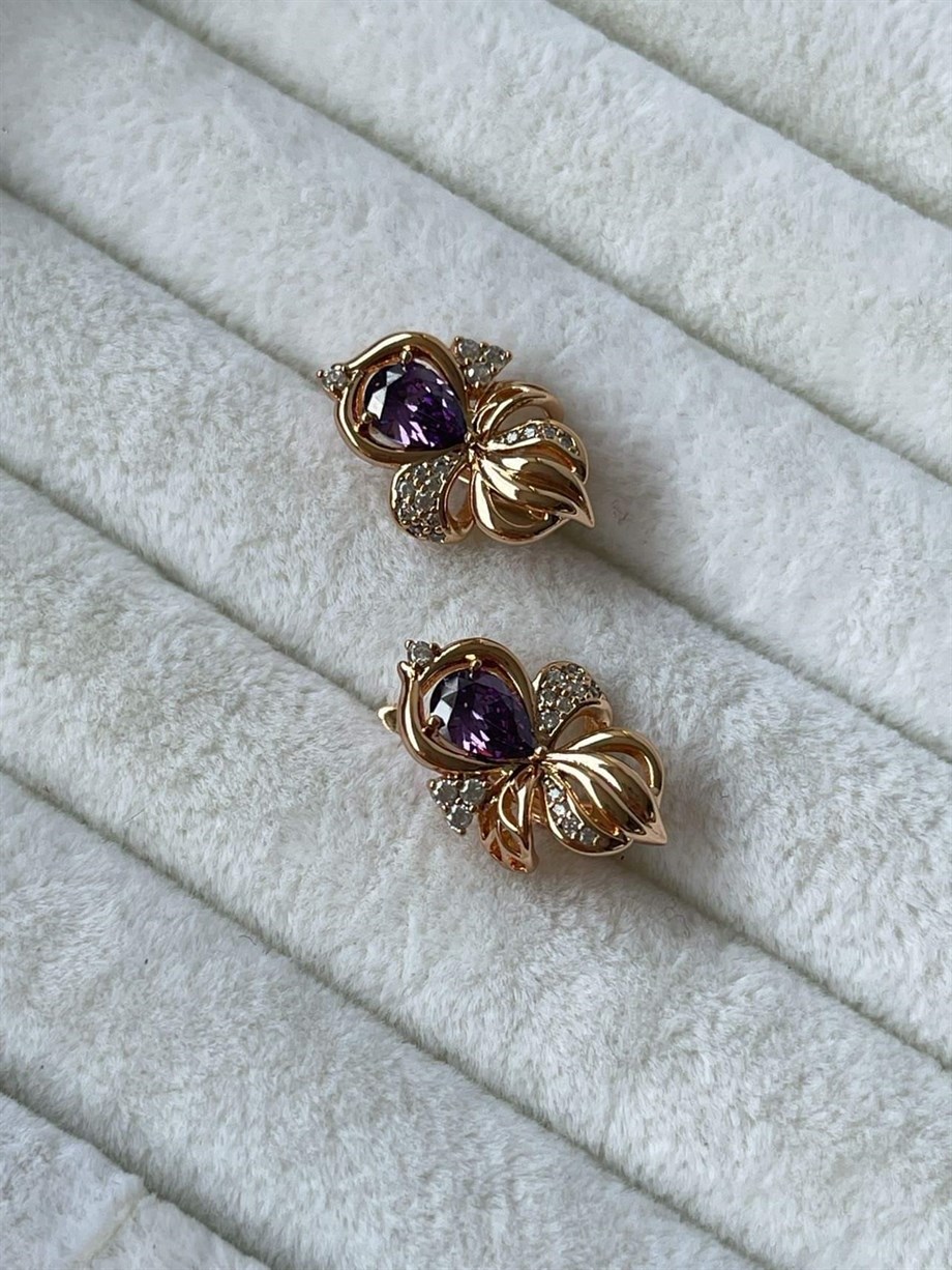 Özel Kaplama Mor Taşlı Viintage Küpe (2 Cm)