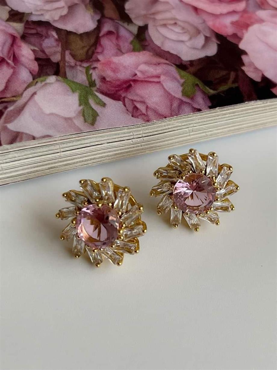 Özel Kaplama Pembe Baget Taşlı Küpe (1 Cm)
