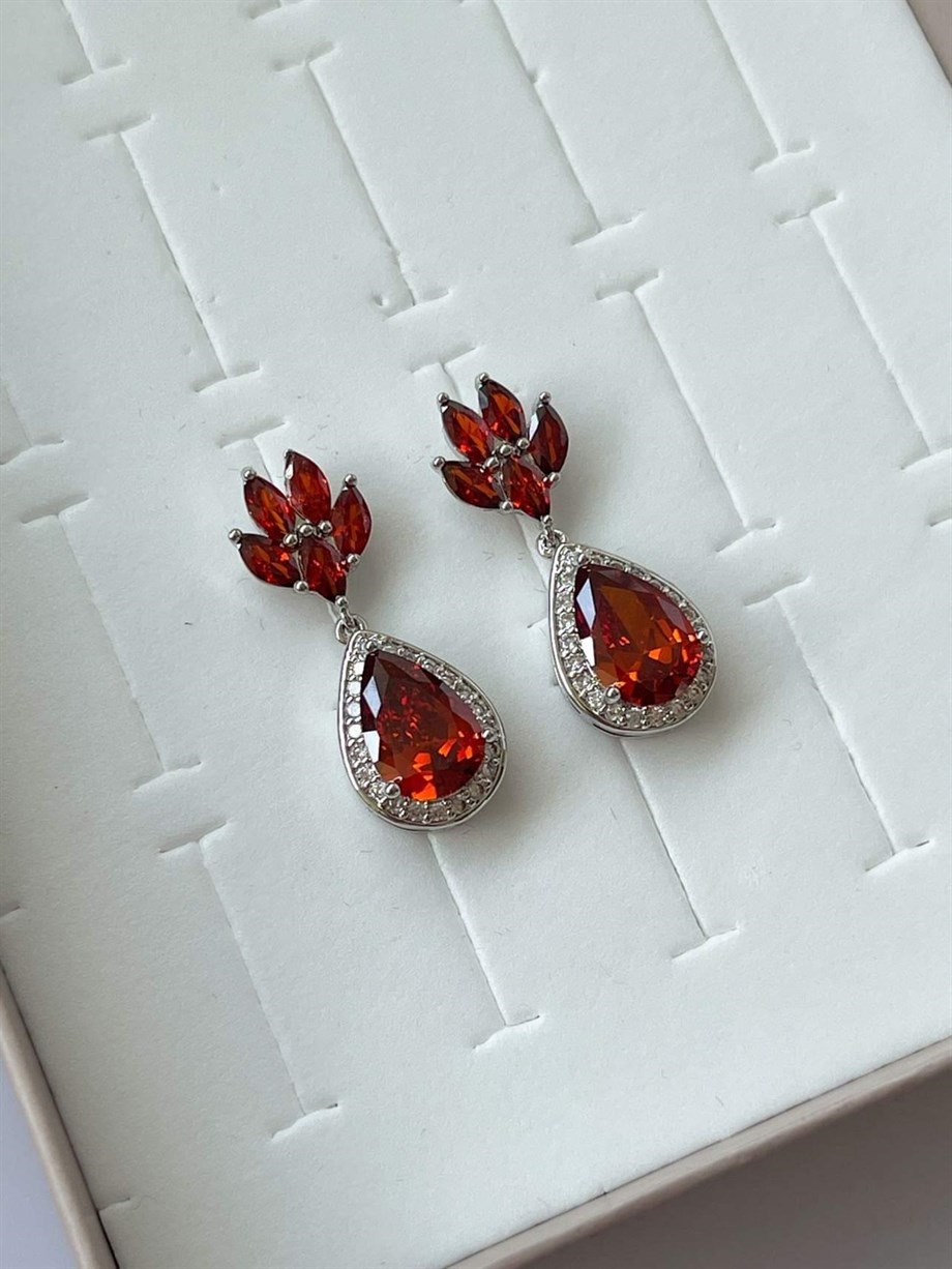 Özel Kaplama Pırlanta Model Kırmızı Zirkon Taşlı Küpe (3 Cm)