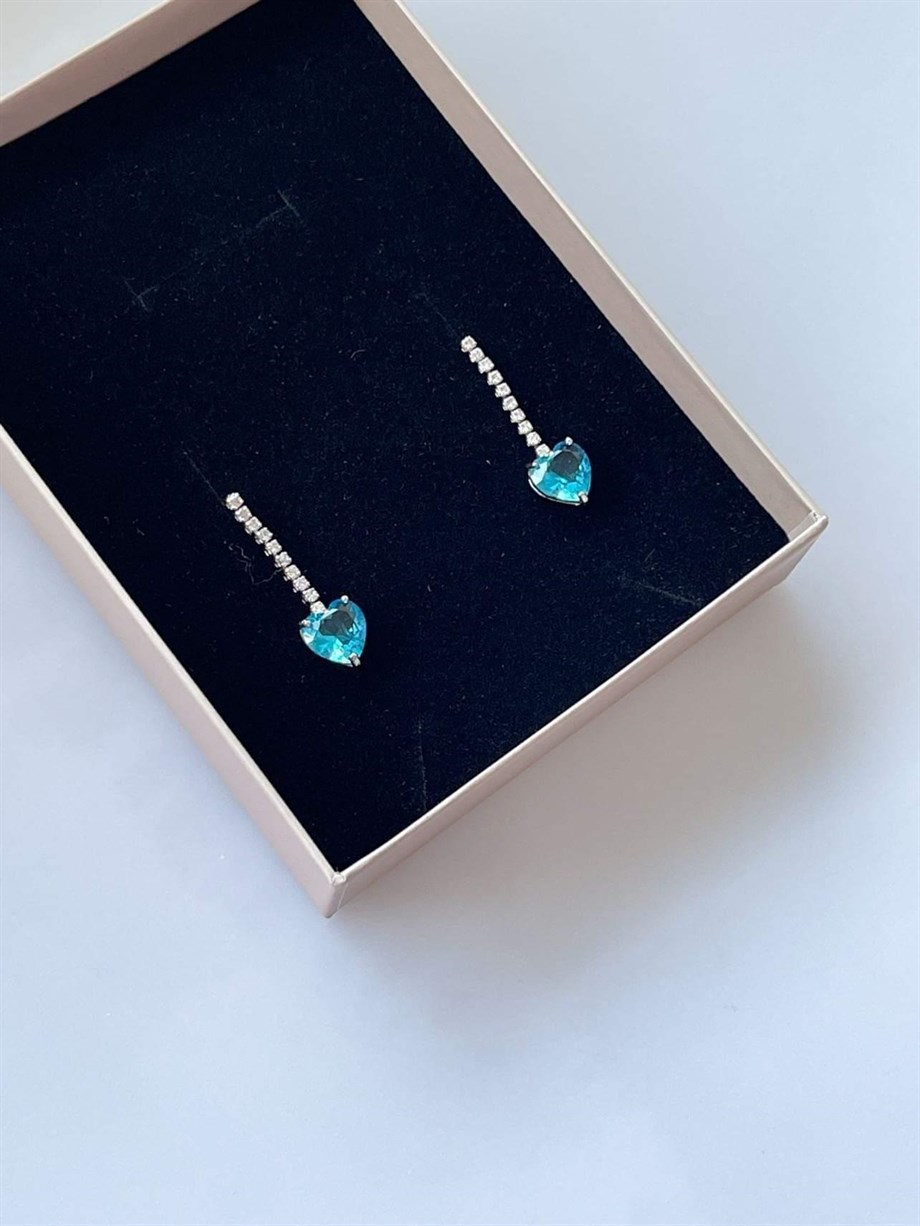 Özel Kaplama Pırlanta Model Mavi  Kalp Zirkon Taşlı Küpe (3.5 Cm)