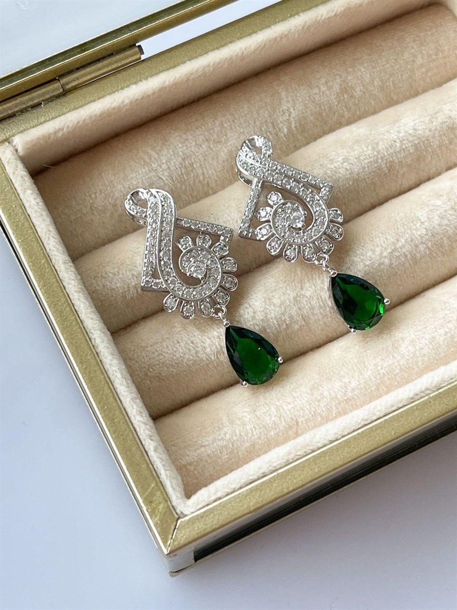 Özel Kaplama Pırlanta Model Yeşil  Zirkon Taşlı Küpe (4 Cm)