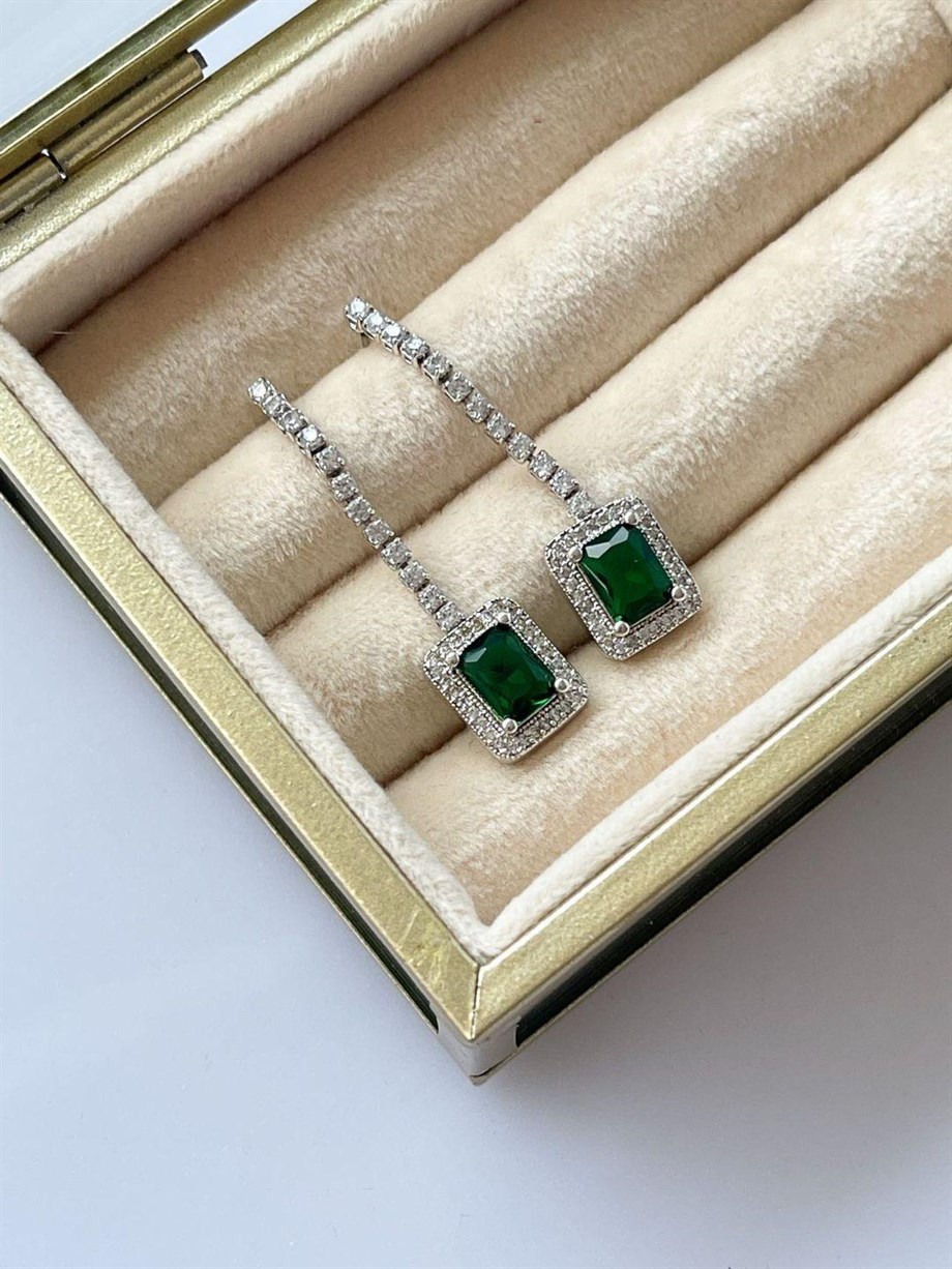Özel Kaplama Pırlanta Model Yeşil Zirkon Taşlı Küpe (4 Cm)