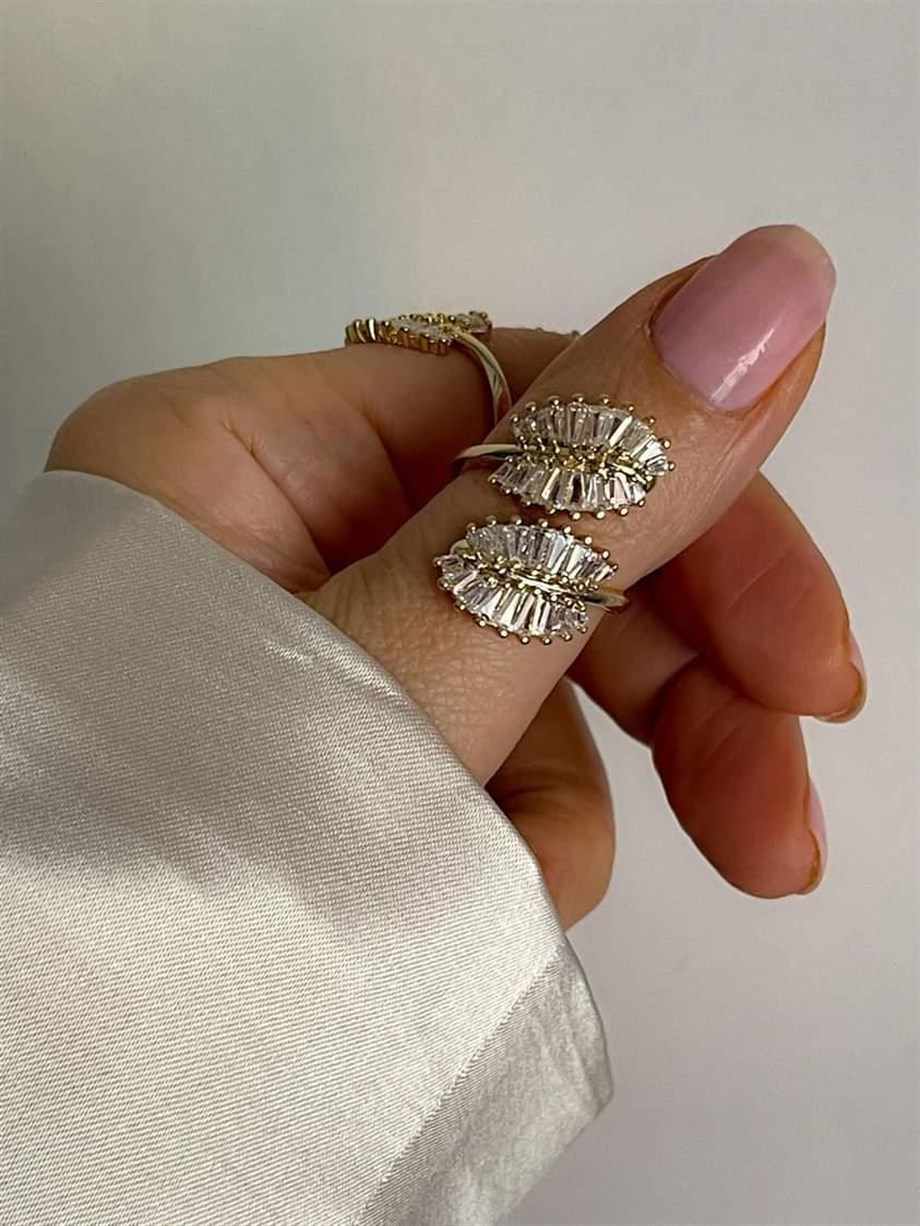 Özel Kaplama Premium Gold Renk Baget Taşlı Ayarlanabilir Yüzük 