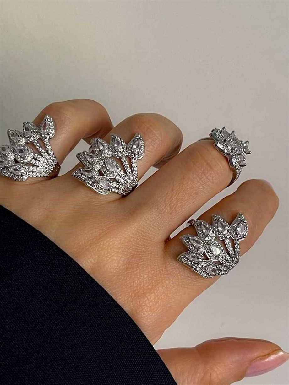 Özel Kaplama Premium Gümüş Renk Baget Taşlı Ayarlanabilir Yüzük 
