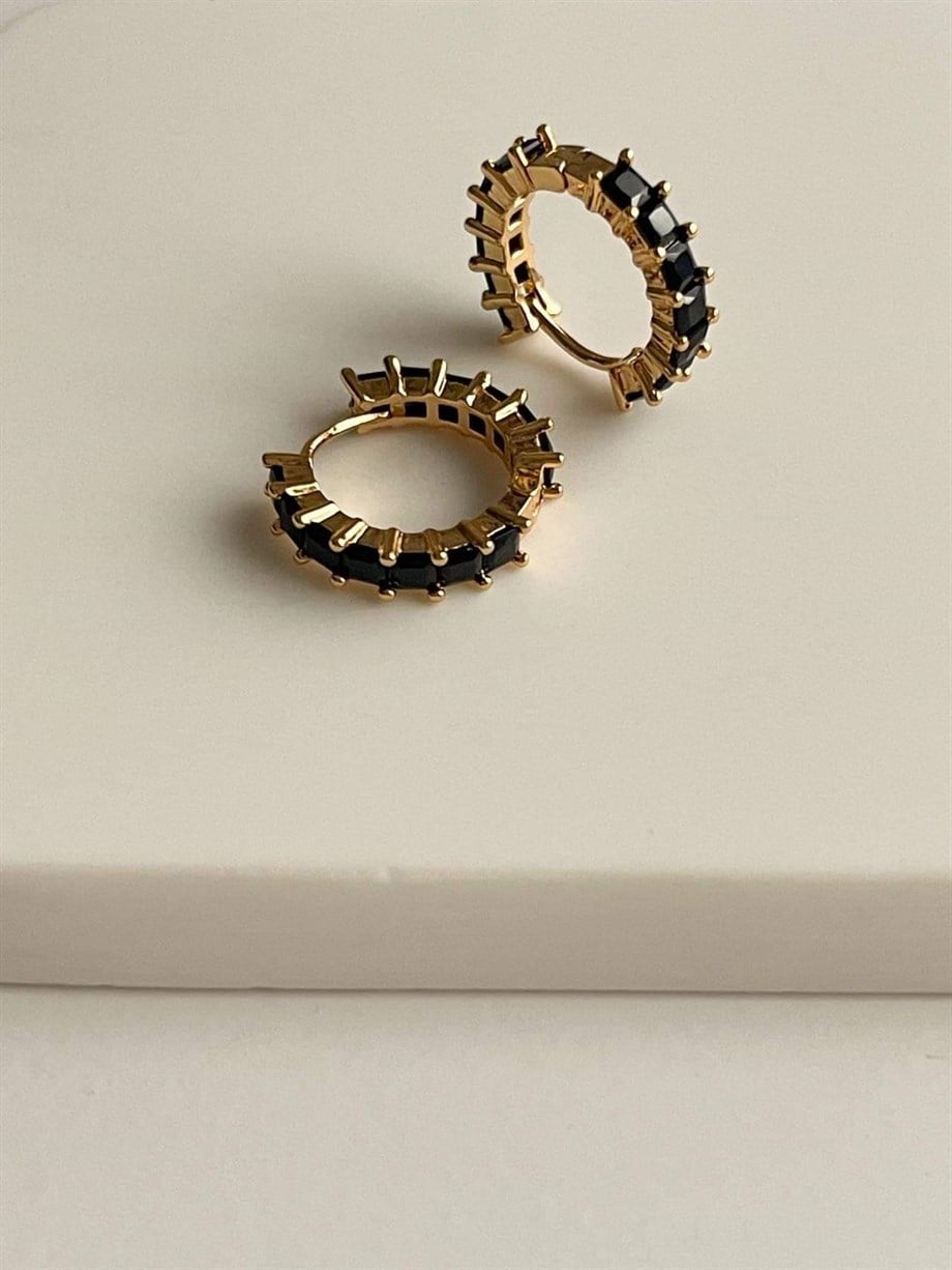 Özel Kaplama Siyah Baget Taşlı Halka Küpe (2 Cm)