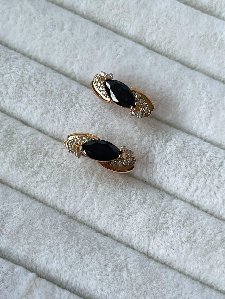 Özel Kaplama Siyah Taşlı Vintage Küpe (1.5 Cm)