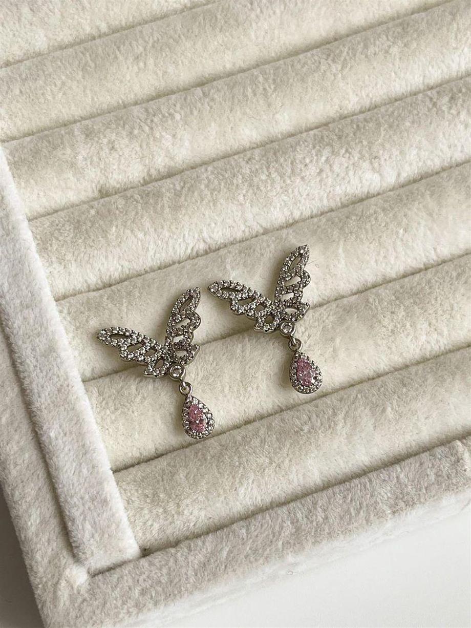 Özel Kaplama Xuping Gümüş Renk Pembe Taşlı Kelebek Küpe (2.5 Cm)