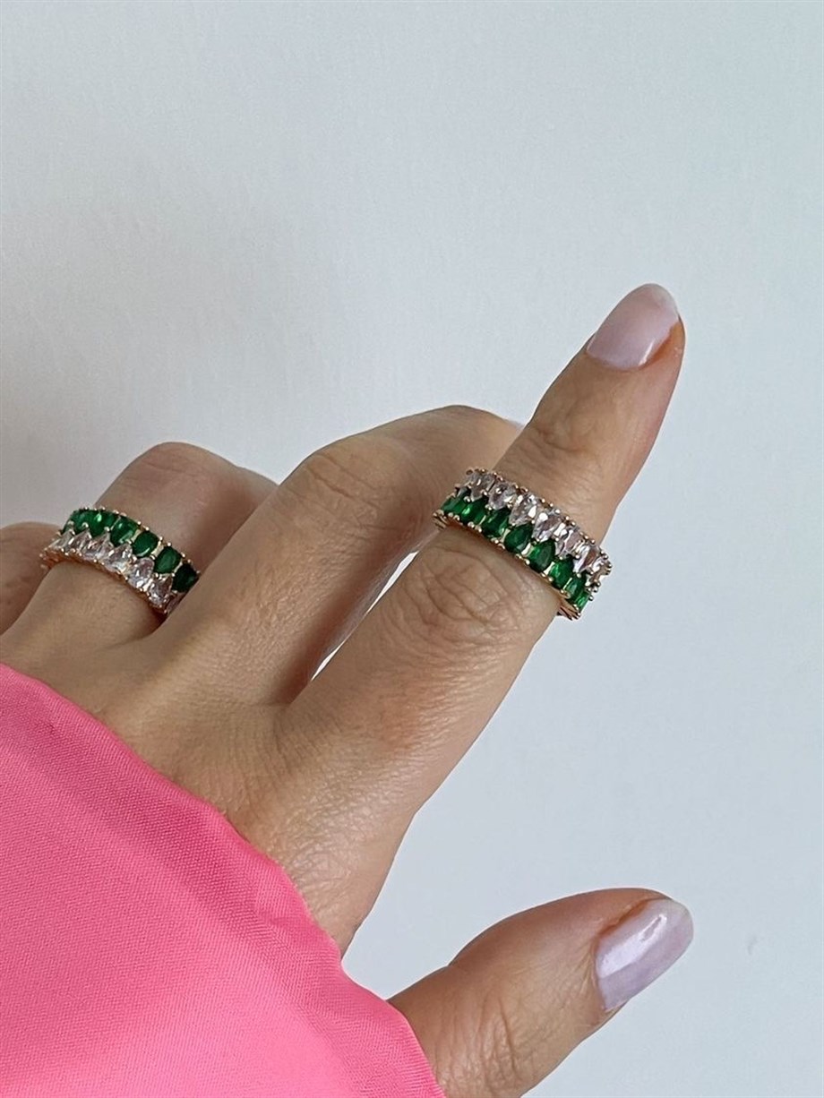 Özel Kaplama Yeşil Baget Taşlı Alttan Ayarlanabilir Yüzük 