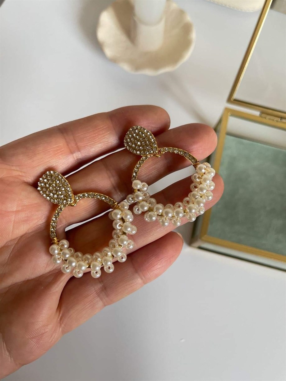 Özel Kaplama Zirkon Taşlı İncili Halka Küpe (4.5 Cm)