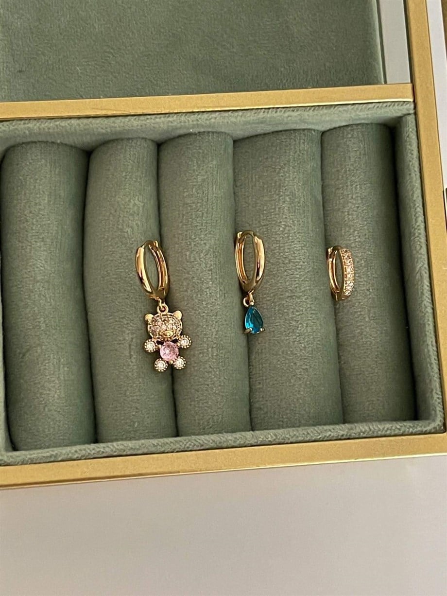 Özel Kaplama Zirkon Taşlı Teddy Üçlü Küpe Seti (2.5 Cm)
