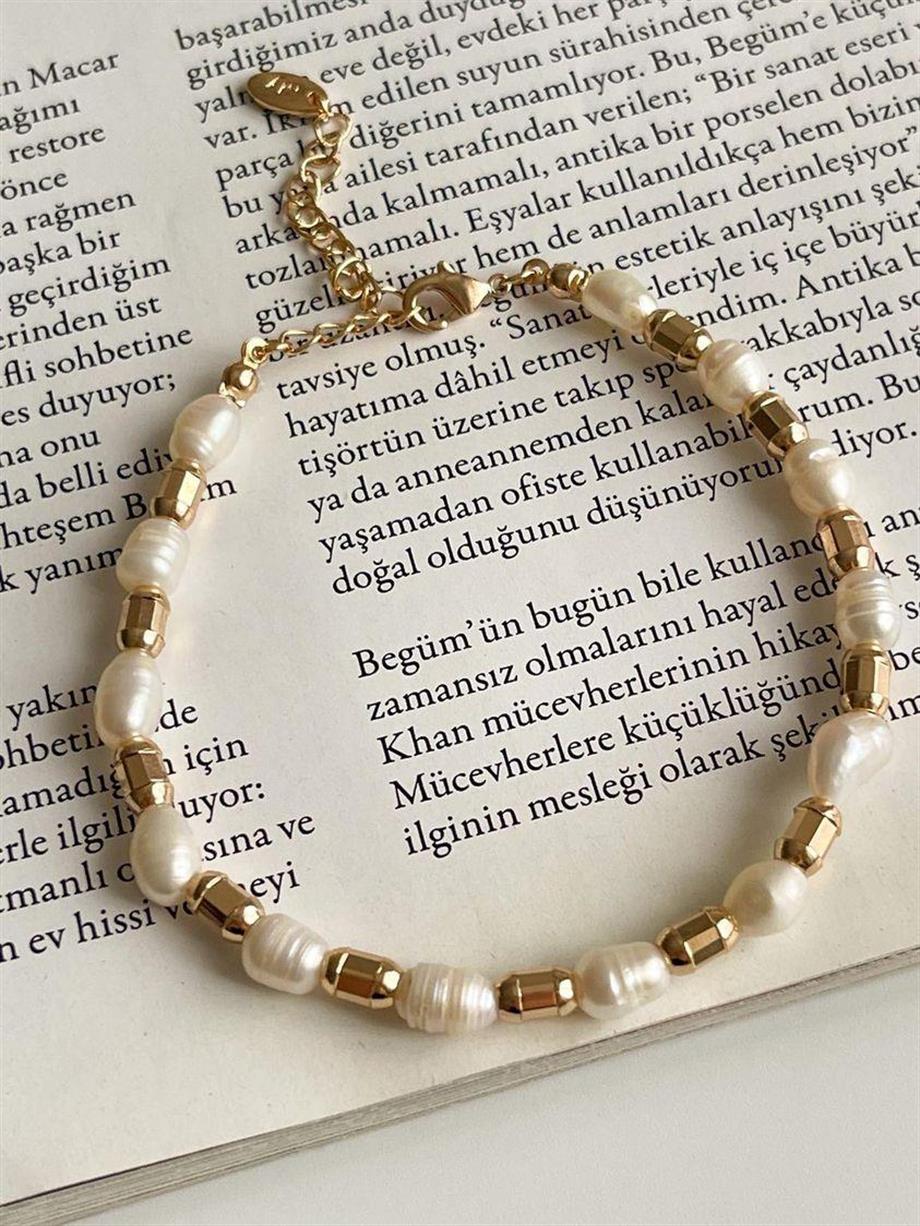 Özel Mikro Altın Kaplama İncili Gold Boncuklu Vip Bİleklik (22 Cm)